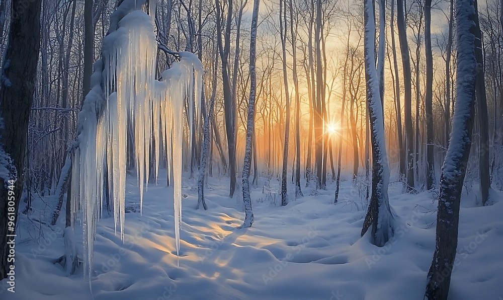 Poster Sunlit Icicles Hanging in a Snowy Winter Forest