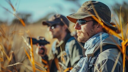 Obraz premium A close-up of a wildlife conservation team conducting field research, with a minimalist background and plenty of copy space for research highlights and conservation messages.