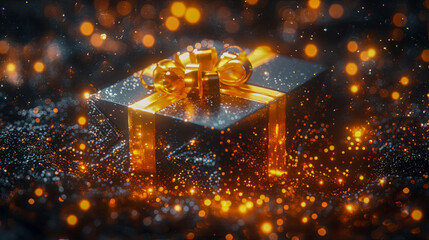 A beautifully wrapped gift box with a shiny golden ribbon, surrounded by sparkling lights, perfect for festive celebrations. Golden bokeh background in the night 