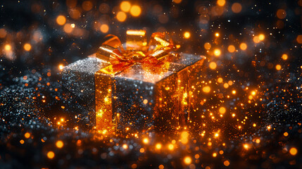 Festive Christmas gift box with golden bow surrounded by sparkling bokeh lights