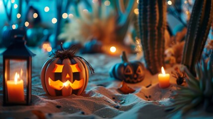 Obraz premium Halloween jack-o'-lanterns glow amid a desert landscape at night, surrounded by candles and cacti. The spooky ambiance and soft lighting create a haunting scene, perfect for Halloween themes.