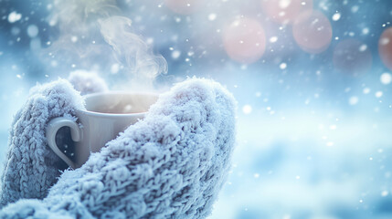 Hot drinks and knitted gloves in a snowy landscape