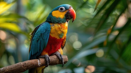Obraz premium A detailed view of a colorful tropical bird perched on a branch in a lush rainforest, with a clean background and lots of copy space for birdwatching information and tips.