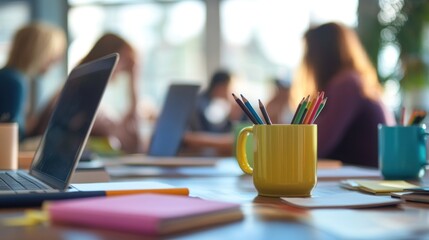An office meeting room with businesspeople in blurred style background.AI generated