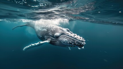 A vibrant shot of a humpback whale breaching the ocean surface, with a clean background and ample copy space for marine wildlife conservation messages and photography tips.