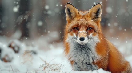 Fototapeta premium A detailed view of a red fox in a snowy forest, with a clean background and plenty of copy space for information about fox behavior and wildlife photography tips.