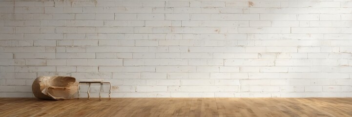 Fototapeta premium chair sitting on wooden floor in front white brick wall