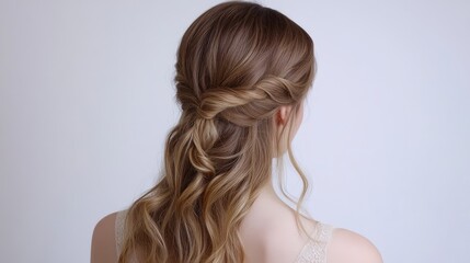 Obraz premium Elegant half-up, half-down hairstyle with loose waves and a delicate braid, perfect for a romantic and youthful appearance.