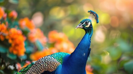 Obraz premium A close-up of a beautiful peacock displaying its vibrant tail feathers, with a clean background and plenty of copy space for information about bird species and photography tips.