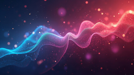 Visualization of intertwining waves consisting of many particles on a dark background with a gradient from blue to purple