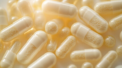 A group of white capsules scattered on a light beige background, representing supplements, vitamins, or medication in a clean, minimalist style.

