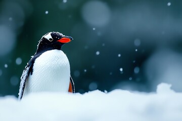 Obraz premium A beautiful Gentoo penguin standing in the snow, showcasing its vibrant orange beak against a soft snowy backdrop.