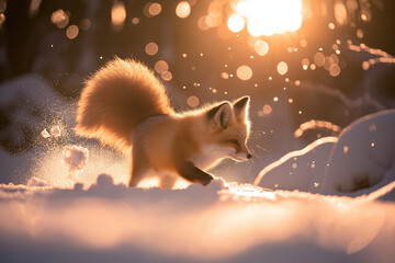 Fototapeta premium National geographics award winning photograph of a cute orange fox with fluffy fur, playing with snow, in a snowy forest, bokeh, carl zeiss lens 85mm apeture, golden hour, magical