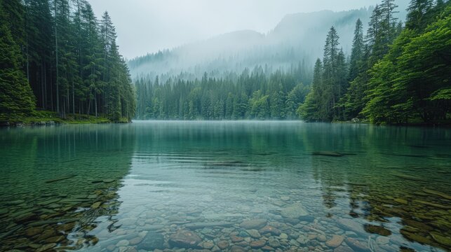A serene image of a crystal-clear lake surrounded by dense forest in a national park, with a minimalist background and plenty of copy space for details about lake activities and conservation efforts.