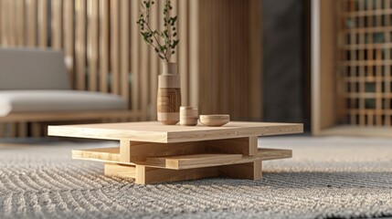 Wooden product display stand with space for product design on carpet floor banner.