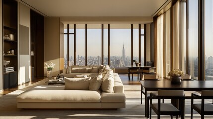 Fototapeta premium Elegant open-plan living area with floor-to-ceiling windows, a comfortable sofa, and a dining table, emphasizing a spacious, bright, and inviting atmosphere.