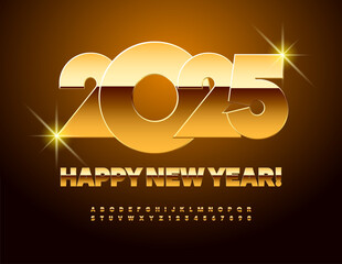 Vector Luxury Greeting Card Happy New Year 2025! Chic Gold Font. Trendy Alphabet Letters and Numbers set.