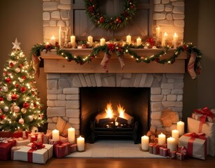 A cozy and festive Christmas fireplace scene with a decorated mantel, a wreath, candles, and wrapped gifts around a crackling fire.