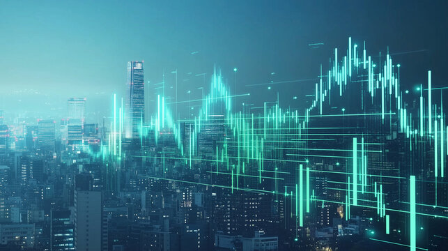 Digital Growth of AFY Crew: Stock Market Chart with Green and White Lines Over Cityscape
