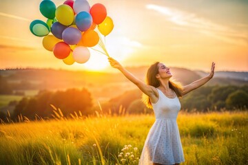 Joyful woman with colorful balloons in sunset field celebrating happiness and freedom