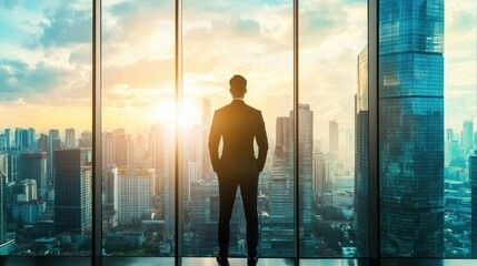 Fototapeta premium Executive with a confident stance standing in front of a large cityscape window, reflecting success and leadership in a high-rise office.