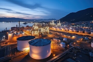 Arial view of oil storage tanks in oil refinery an night