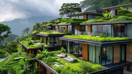 Obraz premium A serene view of a solar-powered eco-resort with green roofs and natural landscaping, with a clean background and ample copy space for information about sustainable accommodation.