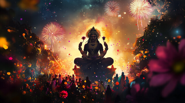 Navaratri festival banner with a majestic idol of Goddess Durga standing in the center, decorated with colorful flowers and oil lamps, Ai generated images
