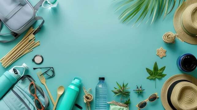 A vibrant image of a traveler packing eco-friendly items, such as reusable water bottles and bamboo utensils, with a clean background and plenty of copy space for packing tips and sustainable travel