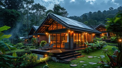 A vibrant shot of an eco-friendly accommodation, such as a solar-powered lodge or green hotel, with a clean background and ample copy space for tips on choosing sustainable lodging options.