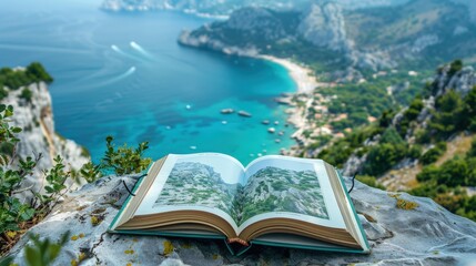 A close-up of a travelerâ€™s sustainable travel guidebook with tips on eco-friendly destinations and activities, with a clean background and ample copy space for travel planning advice.