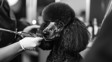 A poodle being groomed, showcasing a detailed grooming process.