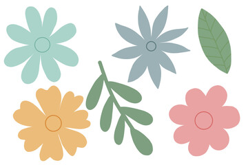 Fototapeta premium Set of flowers isolated on white background. Hand drawn flat flowers and leaves png illustration. Floral design element