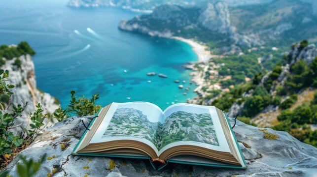 A close-up of a travelerâ€™s sustainable travel guidebook with tips on eco-friendly destinations and activities, with a clean background and ample copy space for travel planning advice.