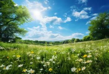 Fototapeta premium field flowers and trees under blue sky