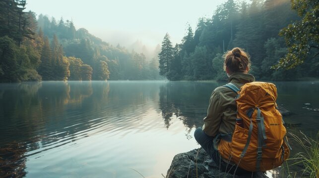 A serene image of a traveler enjoying nature while practicing Leave No Trace principles, with a clean background and ample copy space for tips on minimizing environmental impact.