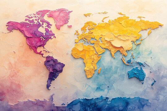 Fototapeta A vibrant world map showcases textured regions in purple, yellow, and blue on a soft gradient background