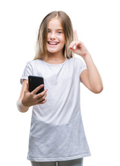 Fototapeta premium Young beautiful girl sending message texting using smarpthone over isolated background surprised with an idea or question pointing finger with happy face, number one
