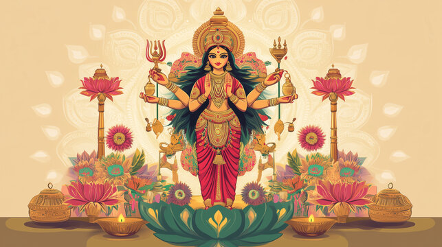 Navaratri festival banner with a majestic idol of Goddess Durga standing in the center, decorated with colorful flowers and oil lamps, Ai generated images