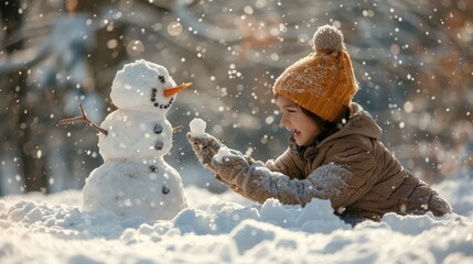 A heartwarming scene of a mother and child playing in the snow, building a snowman or having a snowball fight, with a clean background and ample copy space for winter activities.