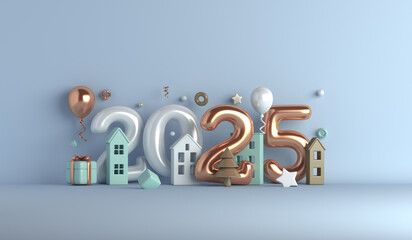 Happy new year 2025 decoration background with balloon, firework rocket, gift box, house, copy space text, 3D rendering illustration