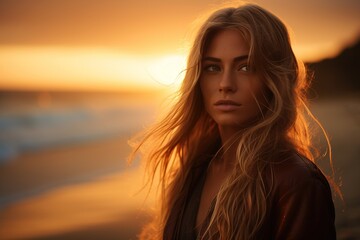 Fototapeta premium beautiful woman on beach during sunset