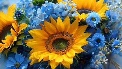 Breathtaking display of sunflowers amidst vibrant blue flowers