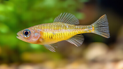 Fototapeta premium A small yellow fish swimming in an aquarium,