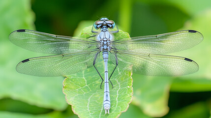 A blue dragonfly with transparent wings resting on a green leaf