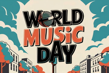 World music day celebration. Retro urban style. Festive sound concept. Cityscape setting for music event. Vibrant design for poster, banner, card with copy space.