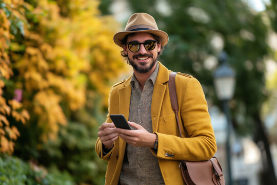 Happy fashionable youngoman using smartphone in the city. Technology and lifestyle concept