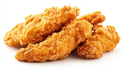 Freshly fried chicken tenders with a crunchy, golden-brown coating, placed on a white background for a simple and clean presentation.