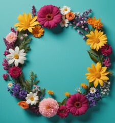 Obraz premium colorful flowers arranged in circle on blue background