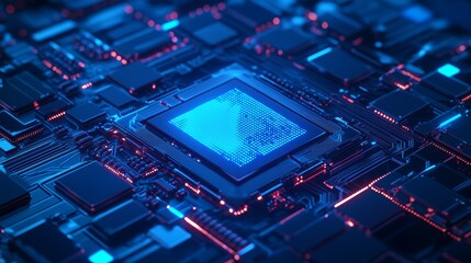 Obraz premium Futuristic AI Processor Chip in Blue Hues sleek AI processor chip 